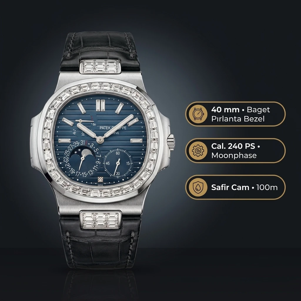 Patek Philippe Nautilus Mavi Kadran Baget Bezel Siyah Deri 40 mm Super Clone ETA Saat