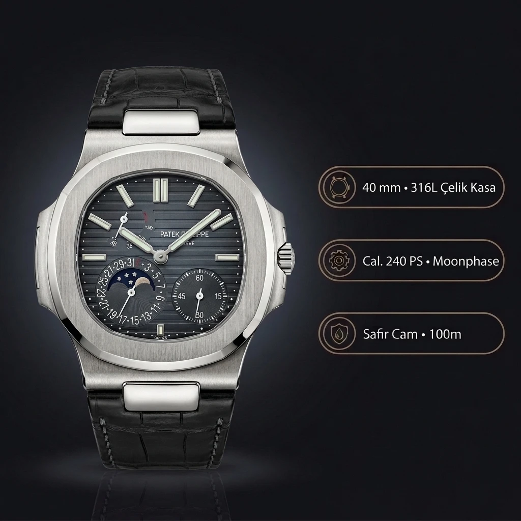 Patek Philippe Nautilus Mavi Kadran Siyah Deri 40 mm Super Clone ETA Saat