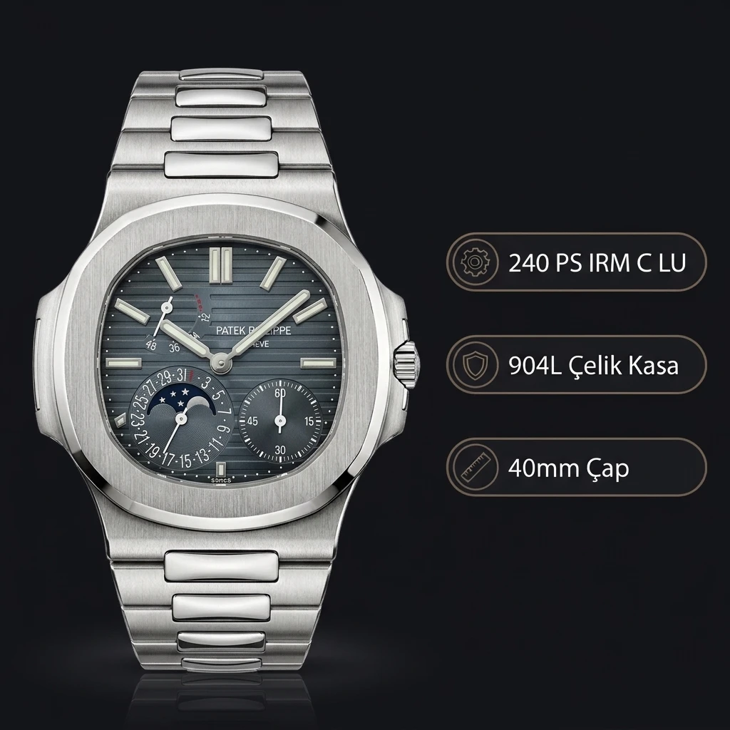Patek Philippe Nautilus Moonphase Gri Kadran Çelik 40 mm Super Clone ETA Saat