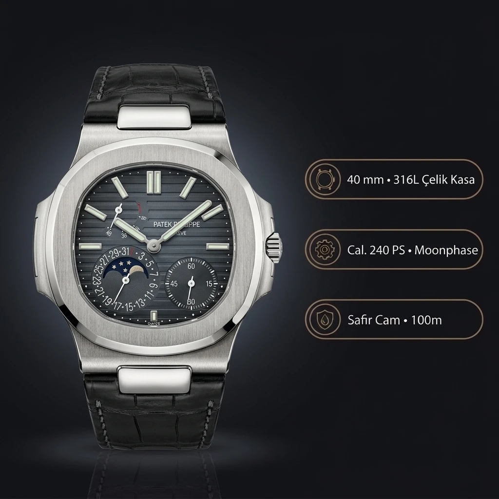 Patek Philippe Nautilus Moonphase Siyah Kadran Çelik Bezel Siyah Deri 40 mm Super Clone ETA Saat
