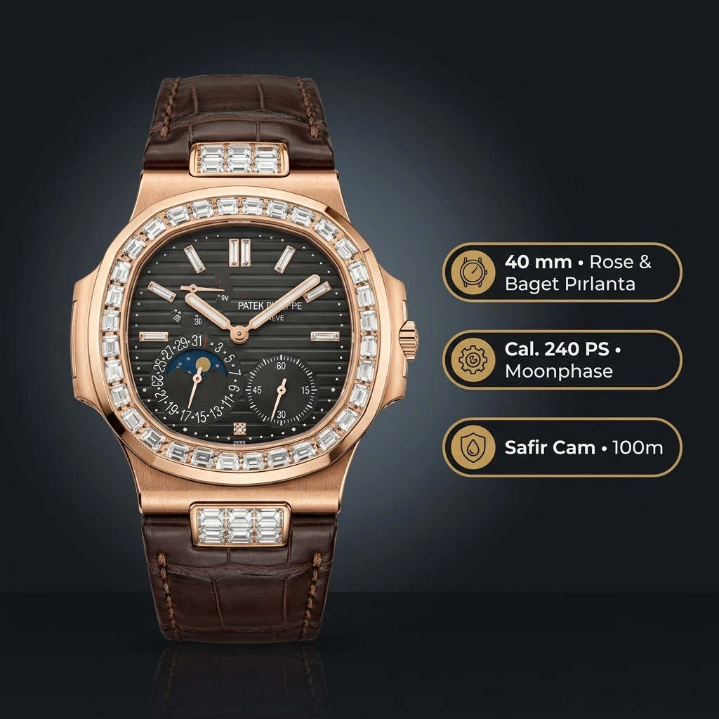 Patek Philippe Nautilus Moonphase Siyah Kadran Rose Kasa Baget Bezel Kahverengi Deri 40 mm Super Clone ETA Saat