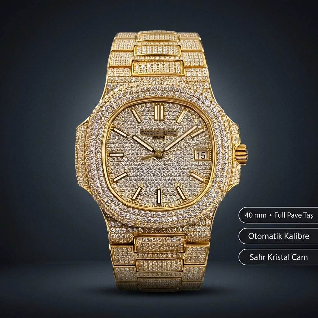 Patek Philippe Nautilus Sarı Altın Elmas Taşlı Full Pavé 40 mm Super Clone ETA Saat