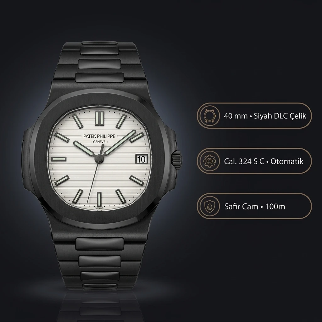 Patek Philippe Nautilus Siyah Kasa Beyaz Kadran Siyah Çelik Kordon 40 mm Super Clone ETA Saat