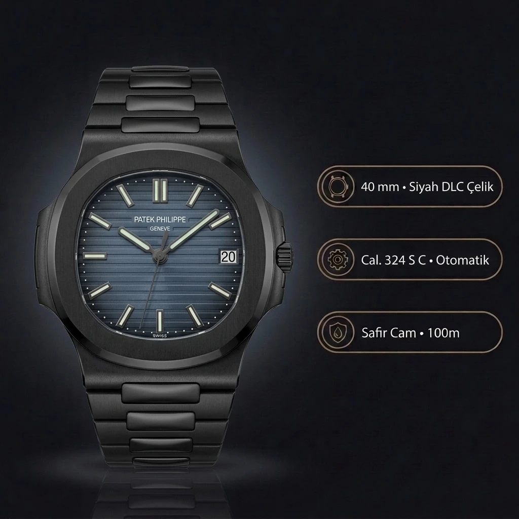 Patek Philippe Nautilus Siyah Kasa Mavi Kadran Siyah Çelik Kordon 40 mm Super Clone ETA Saat