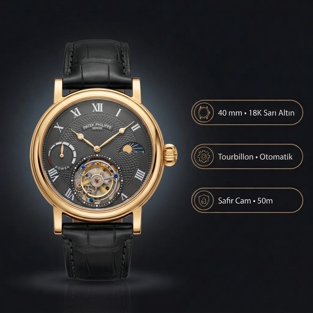 Patek Philippe Tourbillon Gri Kadran Roman Altın Kasa Siyah Deri Kordon 40 mm Super Clone ETA Saat