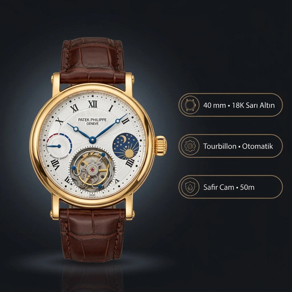 Patek Philippe Tourbillon Gumus Kadran Roman Altın Kasa Kahverengi Deri Kordon 40 mm Super Clone ETA Saat