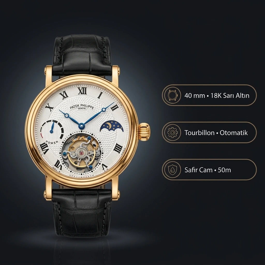 Patek Philippe Tourbillon Gumus Kadran Roman Altın Kasa Siyah Deri Kordon 40 mm Super Clone ETA Saat
