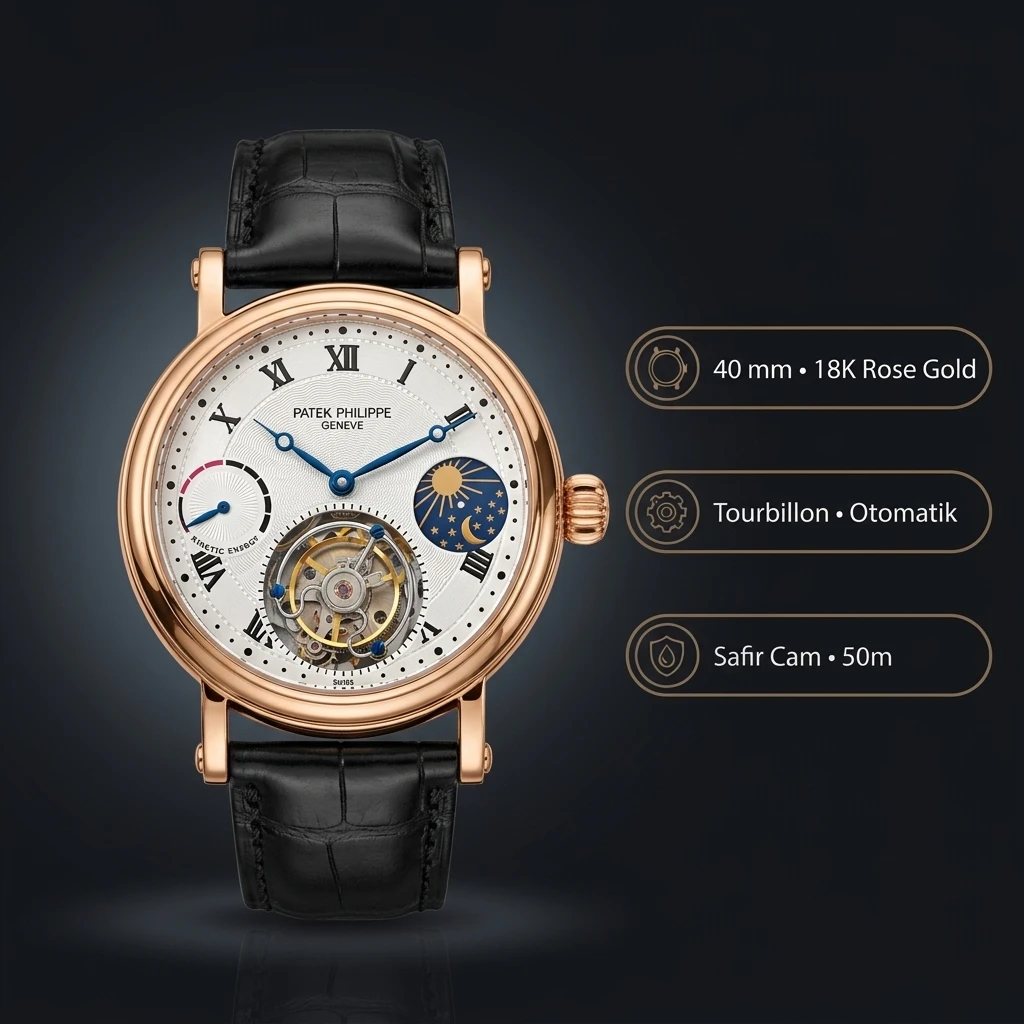 Patek Philippe Tourbillon Gumus Kadran Roman Rose Kasa Siyah Deri Kordon 40 mm Super Clone ETA Saat