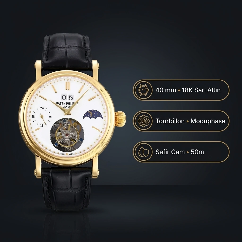 Patek Philippe Tourbillon Moonphase Beyaz Kadran Altın Kasa Siyah Deri Kordon 40 mm Super Clone ETA Saat