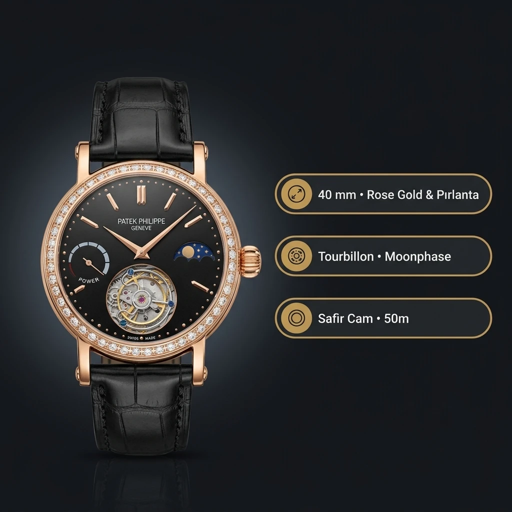 Patek Philippe Tourbillon Moonphase Siyah Kadran Rose Kasa Elmas Bezel Siyah Deri Kordon 40 mm Super Clone ETA Saat