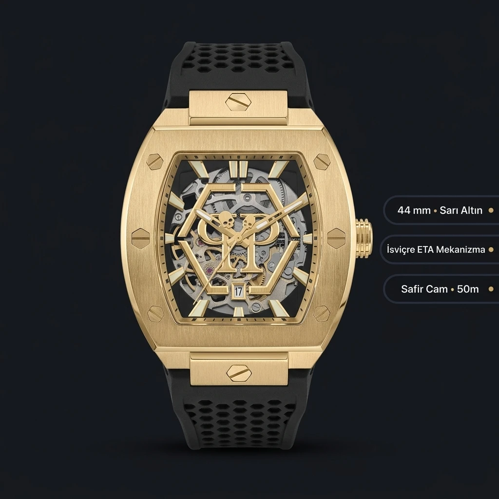 Philipp Plein Skeleton Altın Skeleton Kauçuk Kordon Super Clone ETA Saat