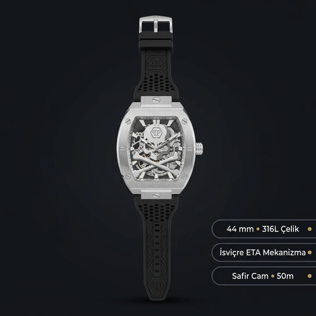 Philipp Plein Skeleton Gümüş Skeleton Kauçuk Kordon Super Clone ETA Saat