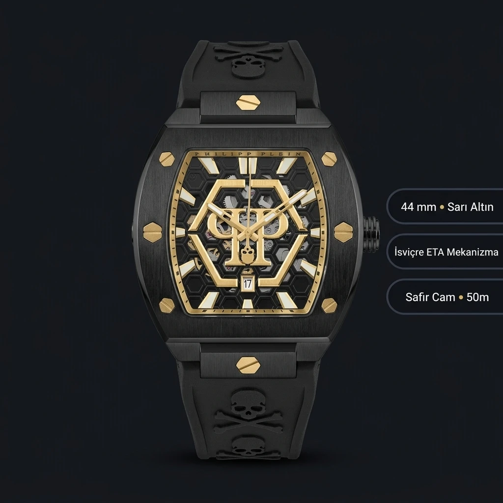 Philipp Plein Skeleton Siyah Altın Skeleton Kauçuk Kordon Super Clone ETA Saat