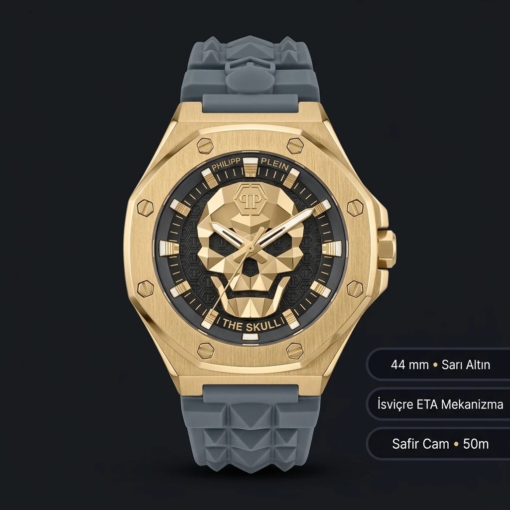Philipp Plein The Skull Altın Kadran Gri Kauçuk Kordon Super Clone ETA Saat