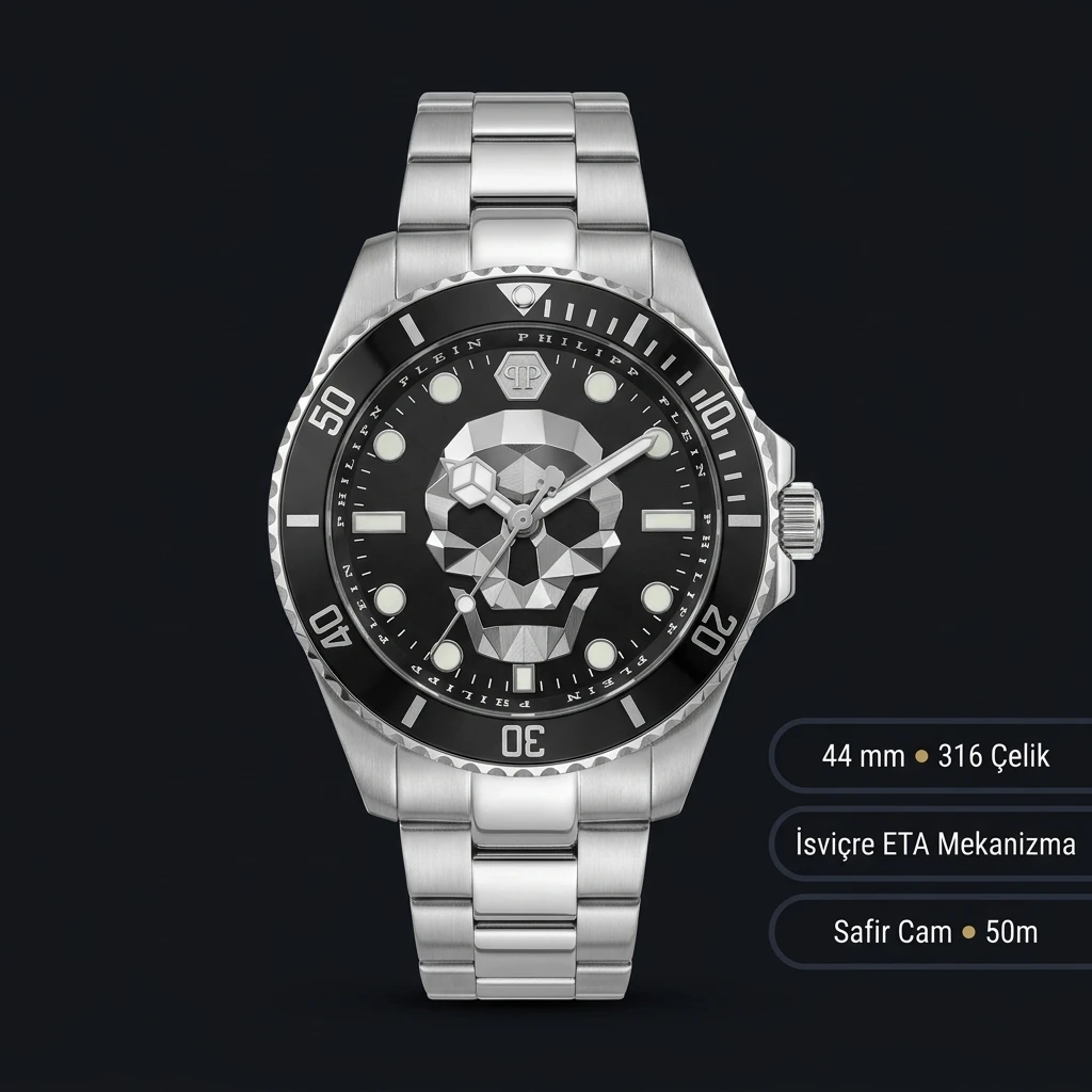 Philipp Plein The Skull Siyah Kadran Çelik Super Clone ETA Saat