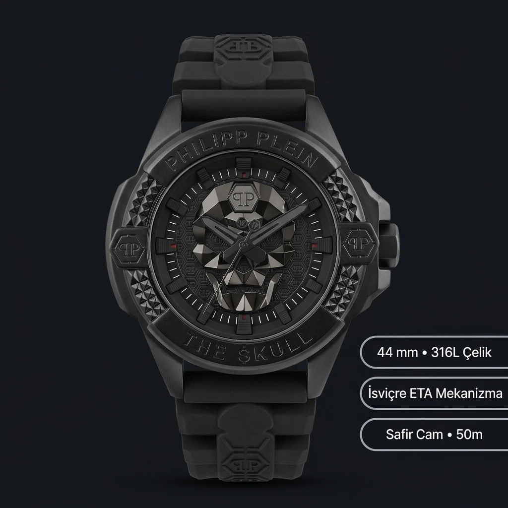 Philipp Plein The Skull Siyah Kadran Kauçuk Kordon Super Clone ETA Saat