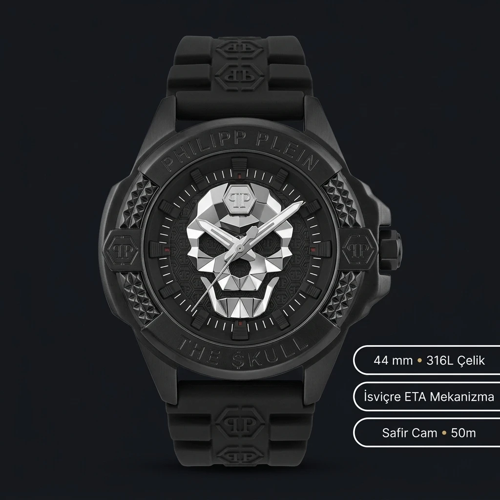 Philipp Plein The Skull Siyah Kadran Kauçuk Kordon Super Clone ETA Saat