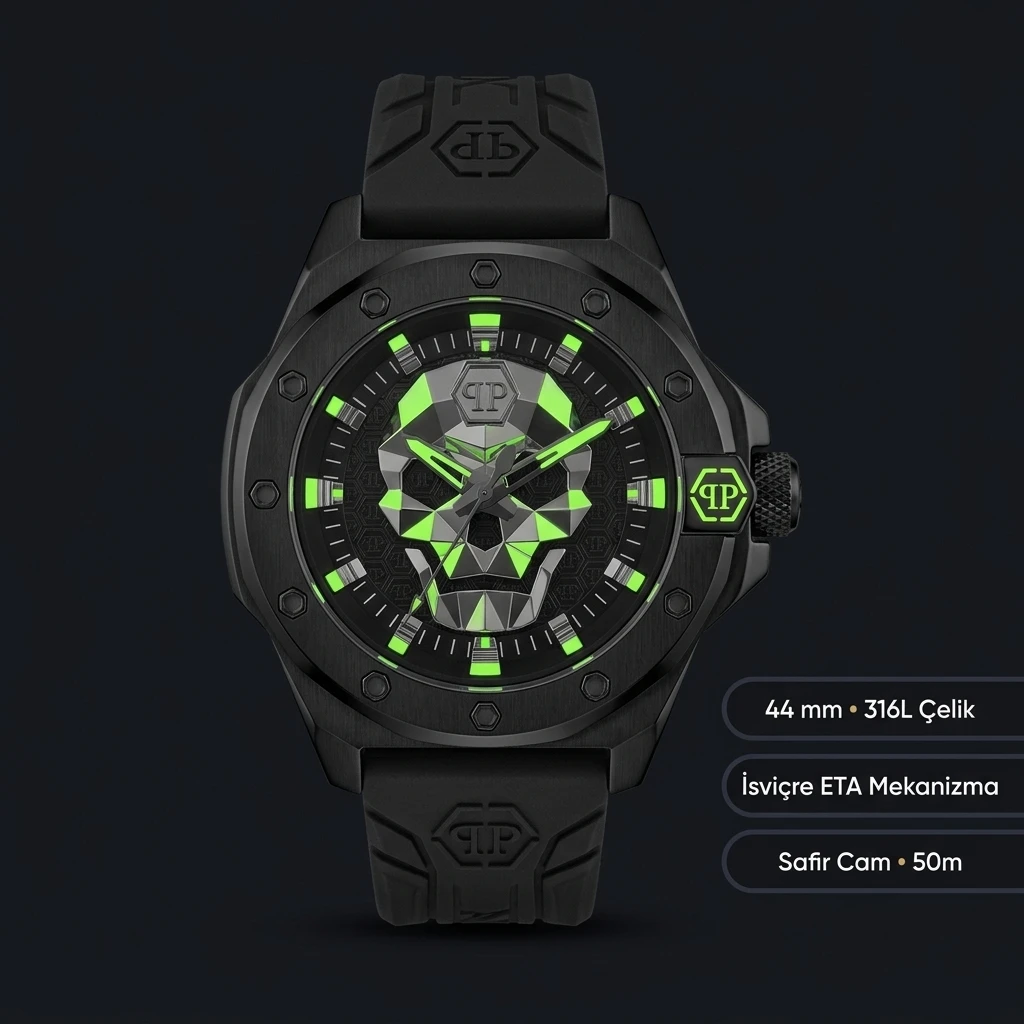 Philipp Plein The Skull Siyah Yeşil Kadran Kauçuk Kordon Super Clone ETA Saat