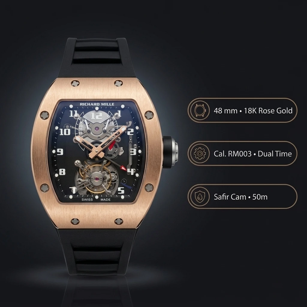 Richard Mille RM 003 Tourbillon Dual Time Rose Altın Rakamlı Kadran Kauçuk Kordon 48 mm Super Clone ETA Saat