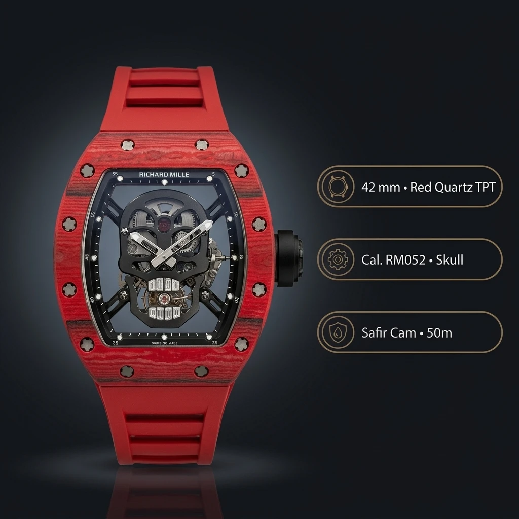 Richard Mille RM 052 Kırmızı Kurukafa Skeleton Kauçuk Kordon 42 mm Super Clone ETA Saat