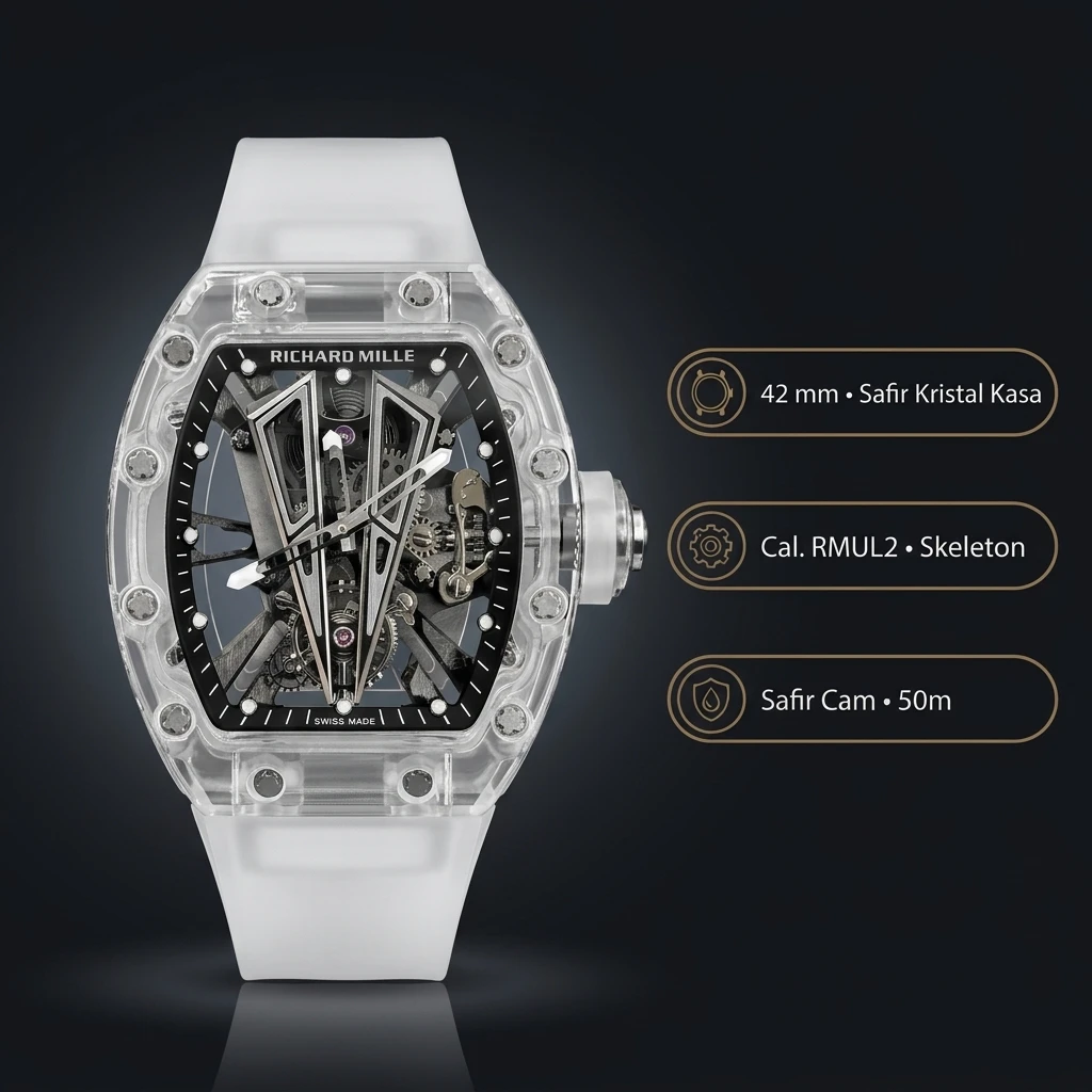 Richard Mille RM 055 Beyaz Şeffaf Skeleton Kauçuk Kordon 42 mm Super Clone ETA Saat