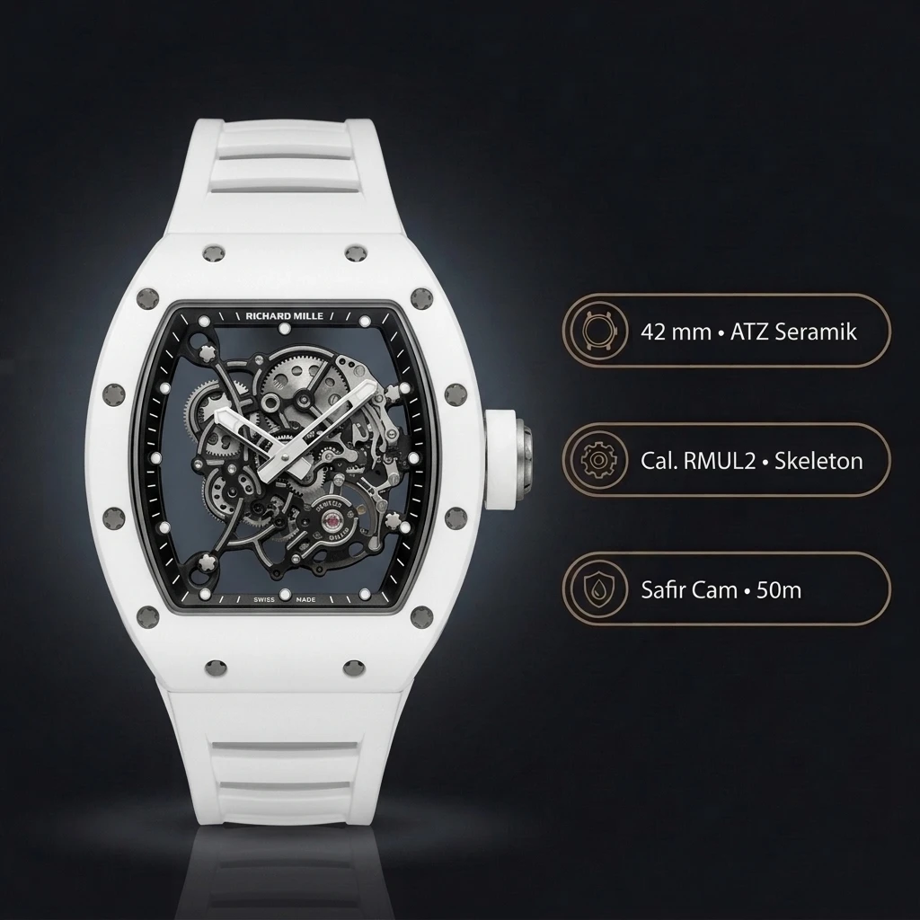 Richard Mille RM 055 Beyaz Şeffaf Skeleton Parlak Kauçuk Kordon 42 mm Super Clone ETA Saat