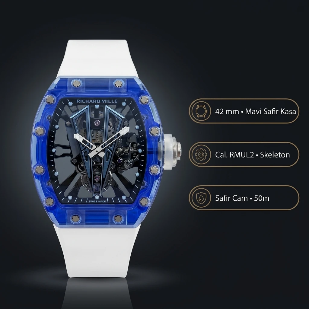 Richard Mille RM 055 Safir Mavi Şeffaf Kasa Skeleton Kauçuk Kordon 42 mm Super Clone ETA Saat