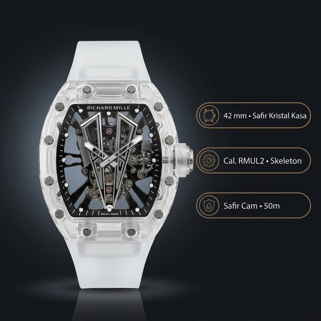 Richard Mille RM 055 Safir Şeffaf Beyaz Kasa Skeleton Kauçuk Kordon 42 mm Super Clone ETA Saat