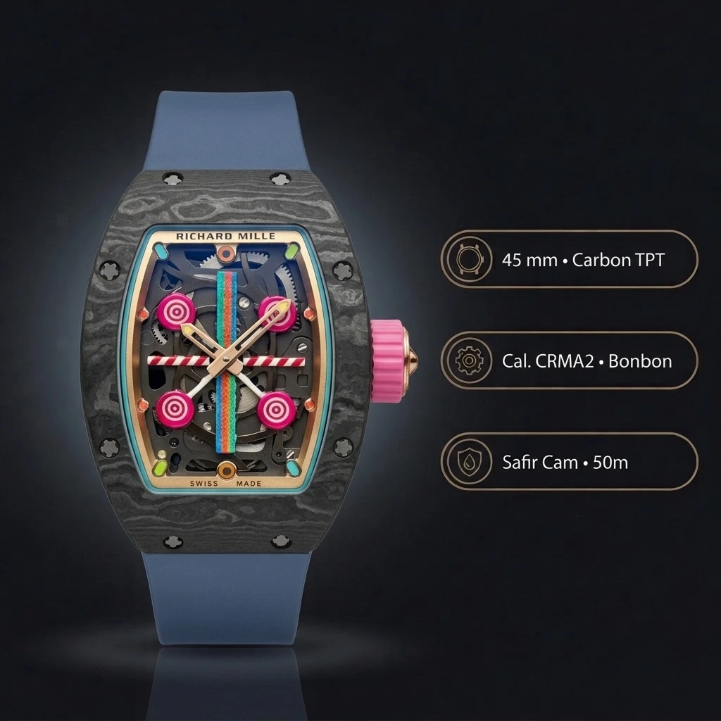 Richard Mille RM 07-03 Bonbon Renkli Siyah Kasa Mavi Kauçuk Kordon 45 mm Super Clone ETA Saat