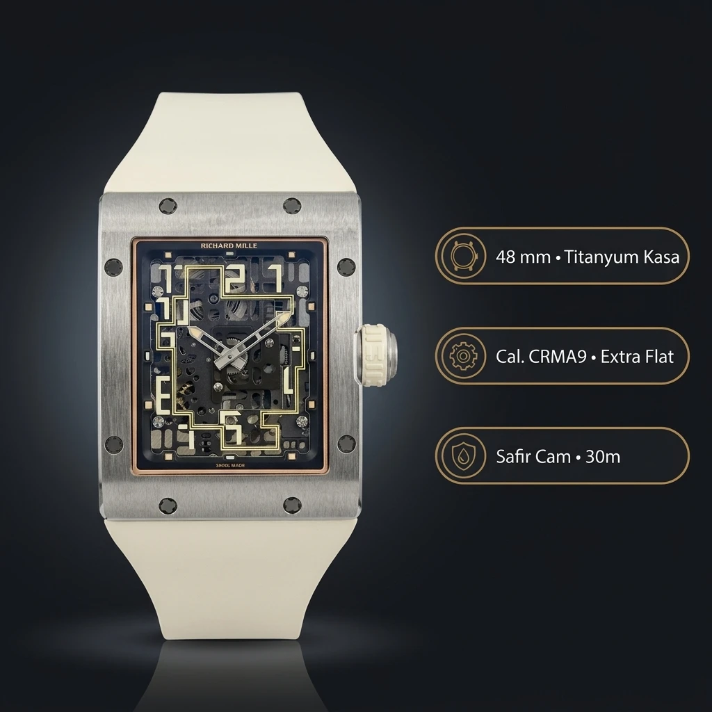 Richard Mille RM 16-02 Otomatik Ekstra Düz Beyaz Kasa Rakamlı Skeleton Kauçuk Kordon 48 mm Super Clone ETA Saat