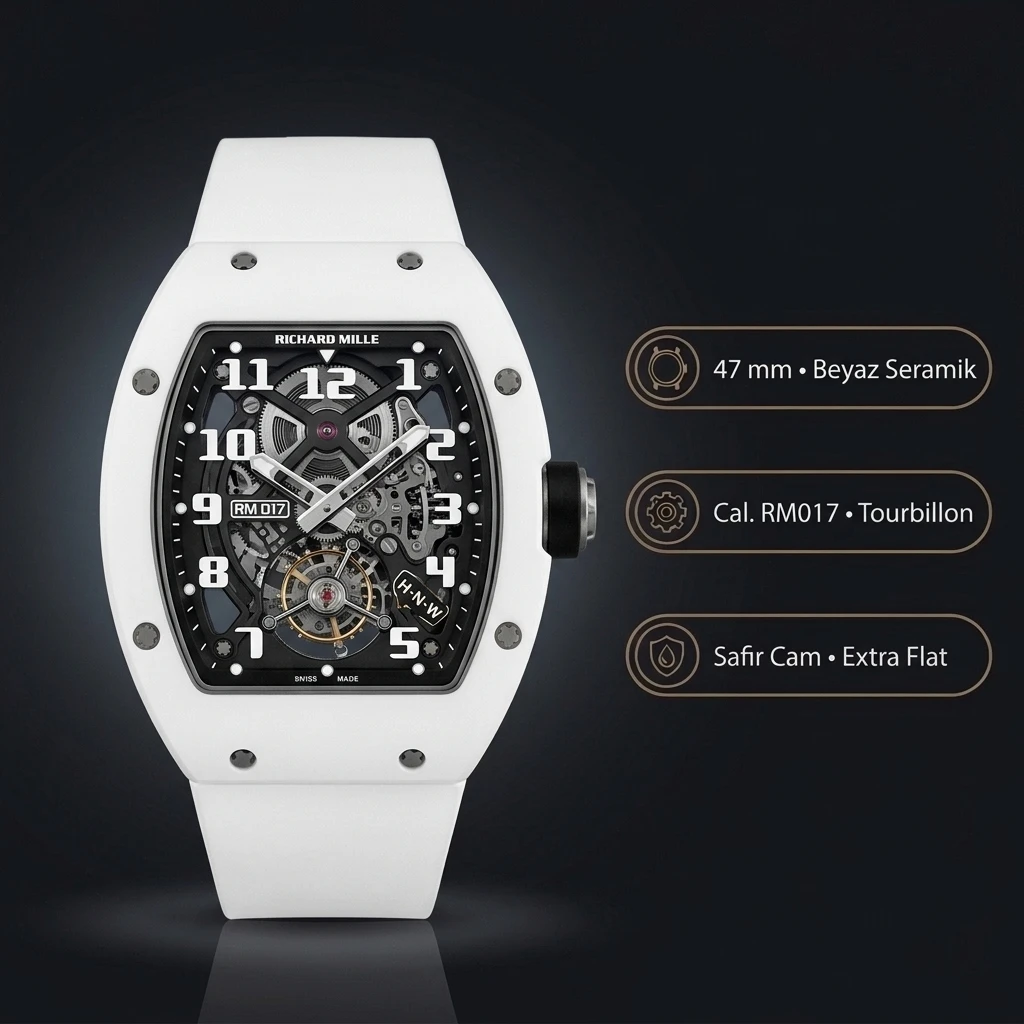 Richard Mille RM 17-01 Tourbillon Ekstra Düz Beyaz Kasa Rakamlı Kauçuk Kordon 47 mm Super Clone ETA Saat