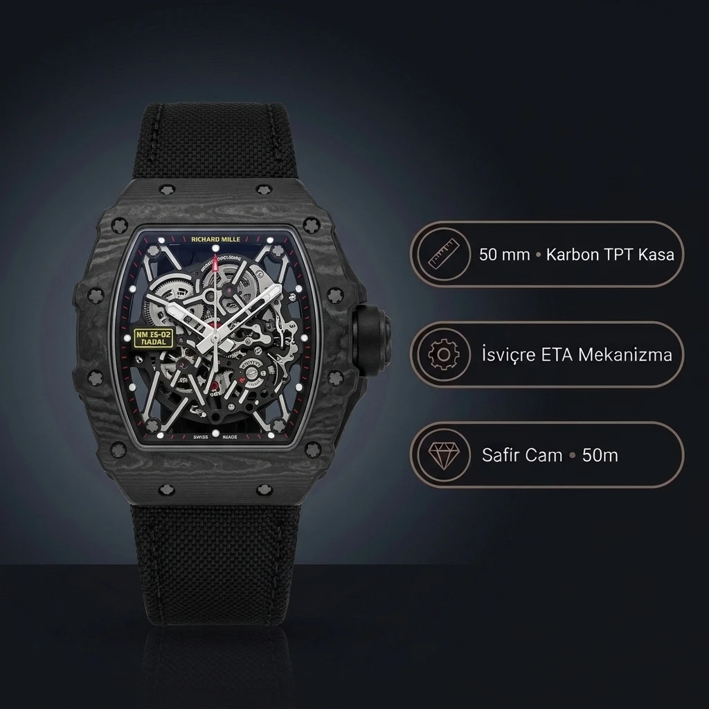 Richard Mille RM 35-02 50 mm Rafael Nadal Siyah Karbon TPT İskelet Kadran Siyah Kordon Super Clone ETA Saat