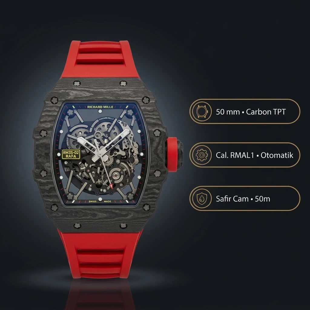 Richard Mille RM 35-02 Rafael Nadal Karbon Kasa Kırmızı Kauçuk Kordon 50 mm Super Clone ETA Saat