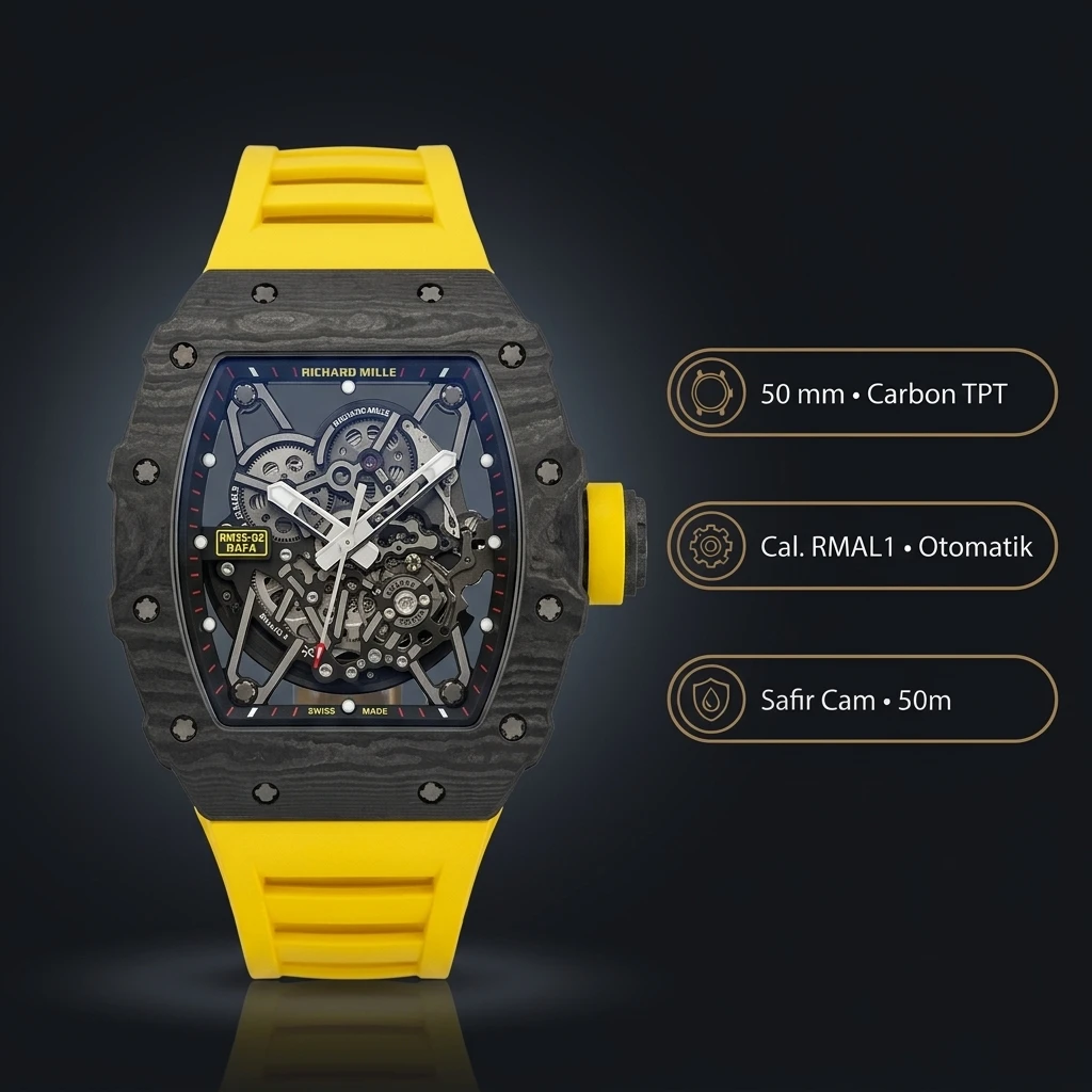 Richard Mille RM 35-02 Rafael Nadal Siyah Karbon Beyaz Detay Sarı Kauçuk Kordon 50 mm Super Clone ETA Saat