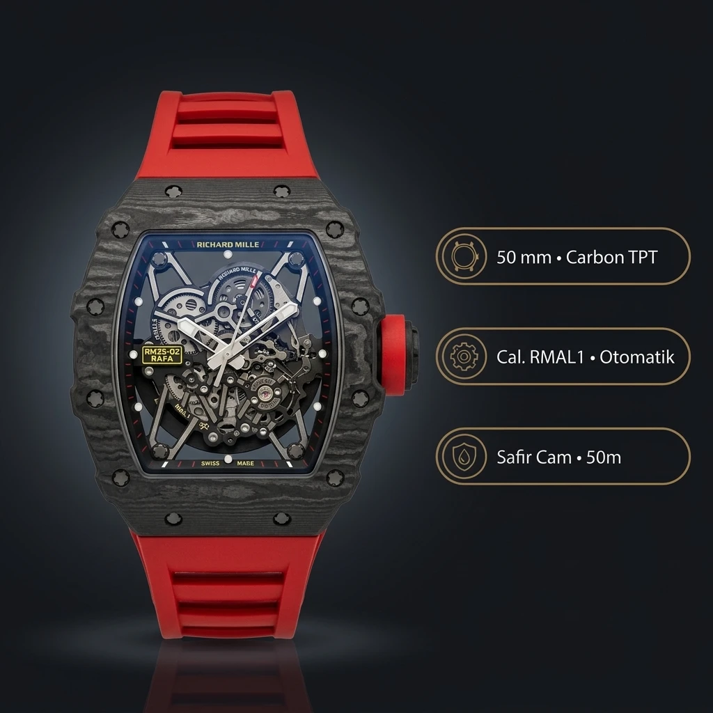 Richard Mille RM 35-02 Rafael Nadal Siyah Karbon Kasa Kırmızı Kauçuk Kordon 50 mm Super Clone ETA Saat