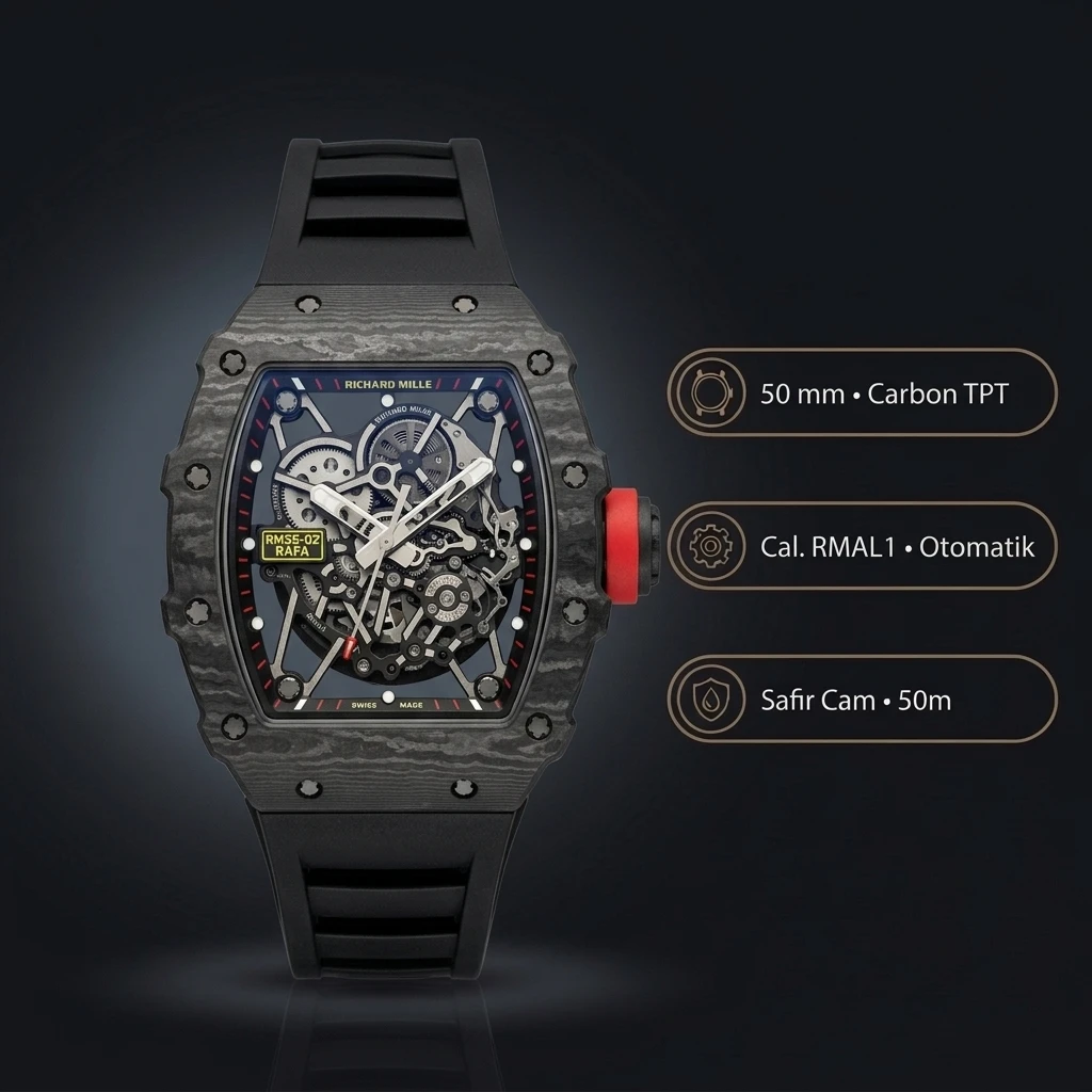 Richard Mille RM 35-02 Rafael Nadal Siyah Karbon Kırmızı Detay Beyaz Kordon 50 mm Super Clone ETA Saat