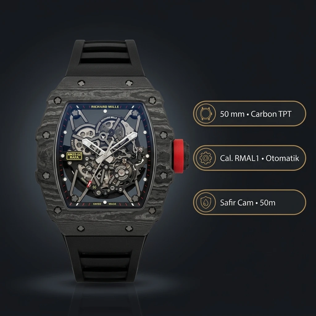 Richard Mille RM 35-02 Rafael Nadal Siyah Karbon Kırmızı Detay Kauçuk Kordon 50 mm Super Clone ETA Saat