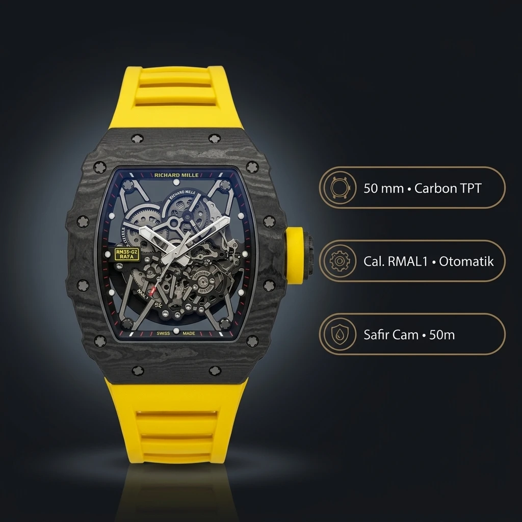Richard Mille RM 35-02 Rafael Nadal Siyah Karbon Sarı Kauçuk Kordon 50 mm Super Clone ETA Saat