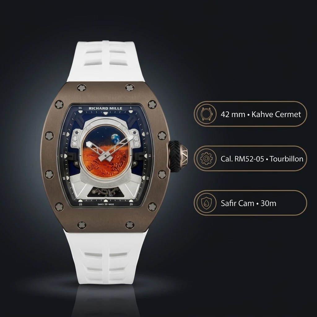 Richard Mille RM 52-05 Pharrell Astronot Mars Kahve Kasa Siyah Kauçuk Kordon 42 mm Super Clone ETA Saat