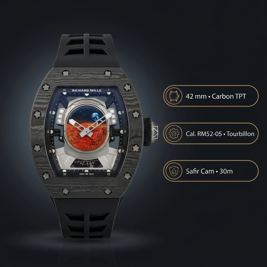 Richard Mille RM 52-05 Pharrell Astronot Mars Siyah Kasa Beyaz Kauçuk Kordon 42 mm Super Clone ETA Saat