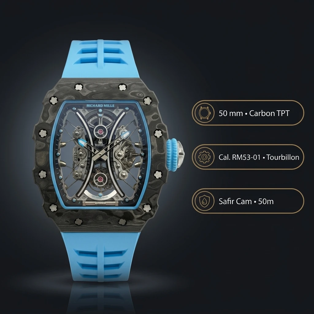 Richard Mille RM 53-01 Tourbillon Pablo Mac Donough Siyah Kasa Mavi Kauçuk Kordon 50 mm Super Clone ETA Saat