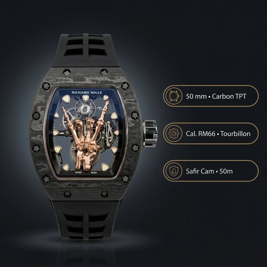 Richard Mille RM 66 Flying Tourbillon Rock Altın El Siyah Kasa Kauçuk Kordon 50 mm Super Clone ETA Saat