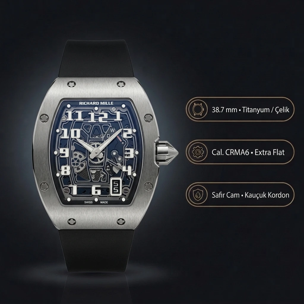 Richard Mille RM 67-01 Extra Flat UNI Factory Otomatik Çelik Rakamlı Mavi Kadran Kauçuk Kordon 38.7 mm 7.75 mm Super Clone ETA Saat
