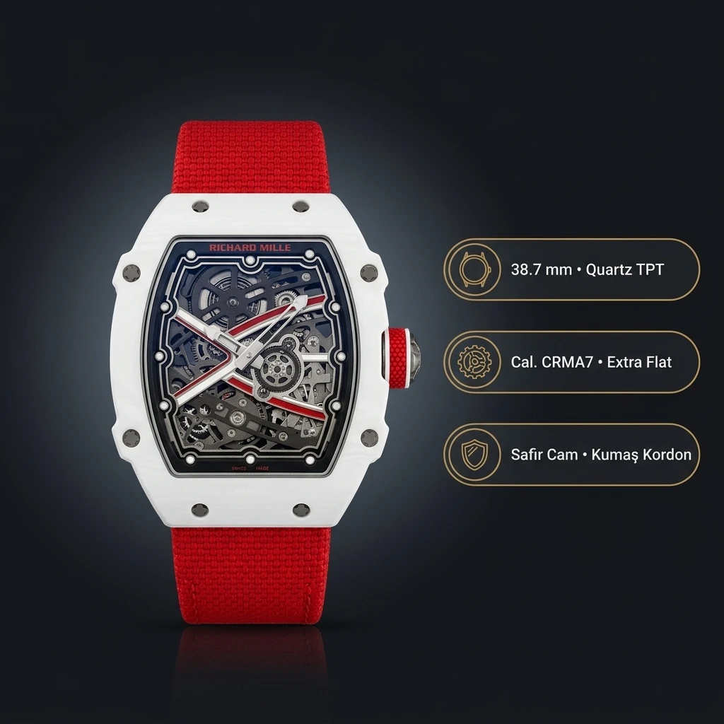 Richard Mille RM 67-02 Extra Flat UNI Factory Charles Leclerc Monako Beyaz Kasa Kırmızı Kumaş Kordon 38.7 mm 7.8 mm Super Clone ETA Saat