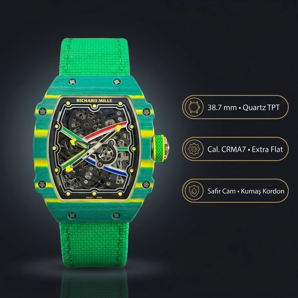 Richard Mille RM 67-02 Extra Flat UNI Factory Van Niekerk Güney Afrika Yeşil Kasa Kumaş Kordon 38.7 mm 7.8 mm Super Clone ETA Saat