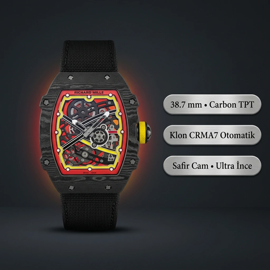 Richard Mille RM 67-02 Extra Flat UNI Factory Zverev Almanya Siyah Karbon Kırmızı Sarı Kumaş Kordon 38.7 mm 7.8 mm Super Clone ETA Saat