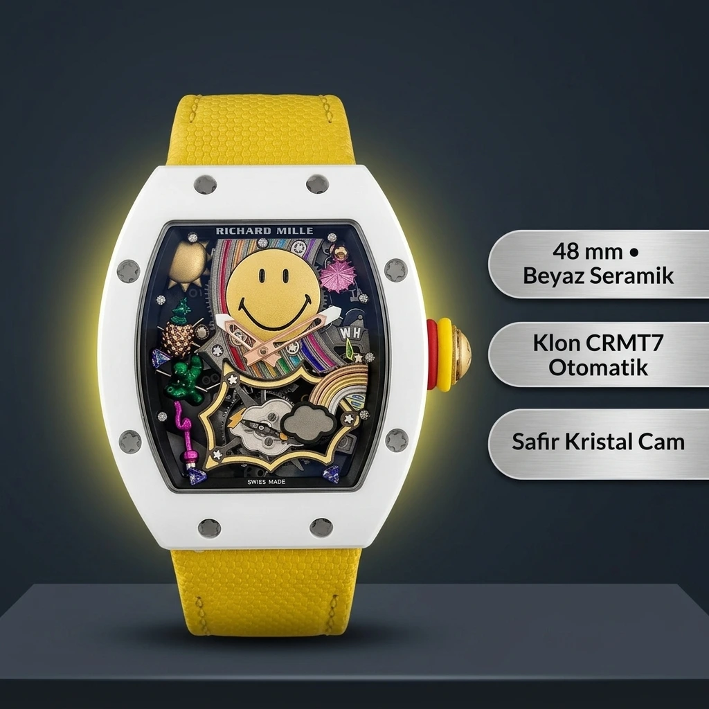 Richard Mille RM 88 Gülenyüz Skeleton Beyaz Kauçuk Kordon 48 mm Super Clone ETA Saat