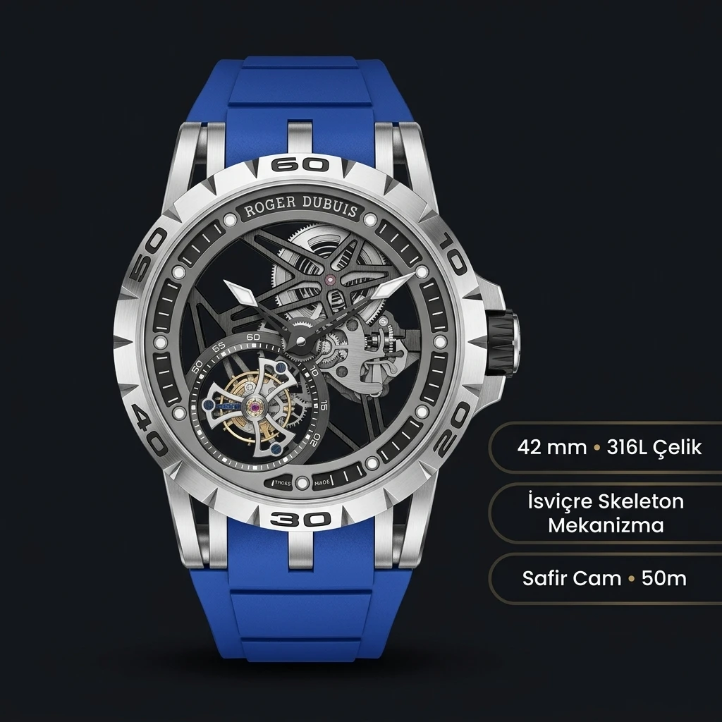 Roger Dubuis Excalibur Gri Skeleton Mavi Kauçuk Kordon Super Clone ETA Saat