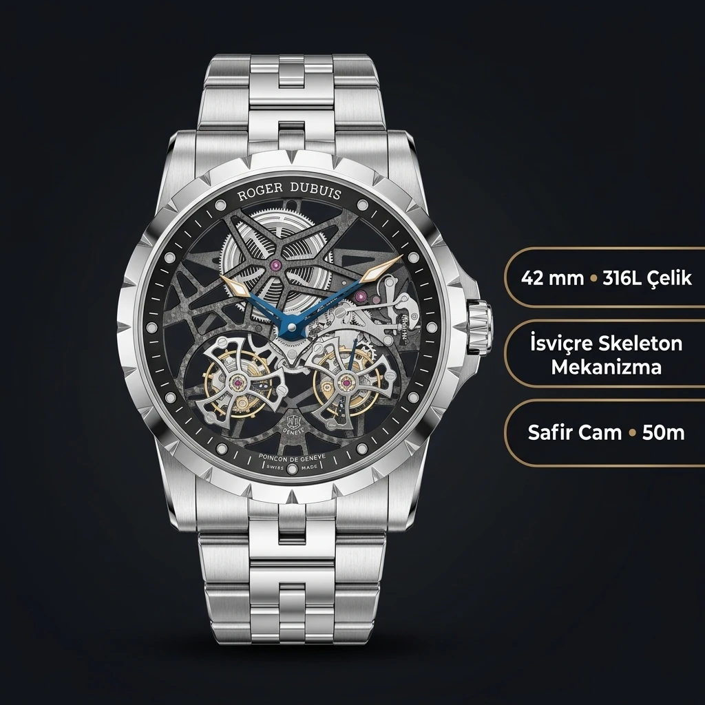 Roger Dubuis Excalibur Gümüş Skeleton Çelik Super Clone ETA Saat