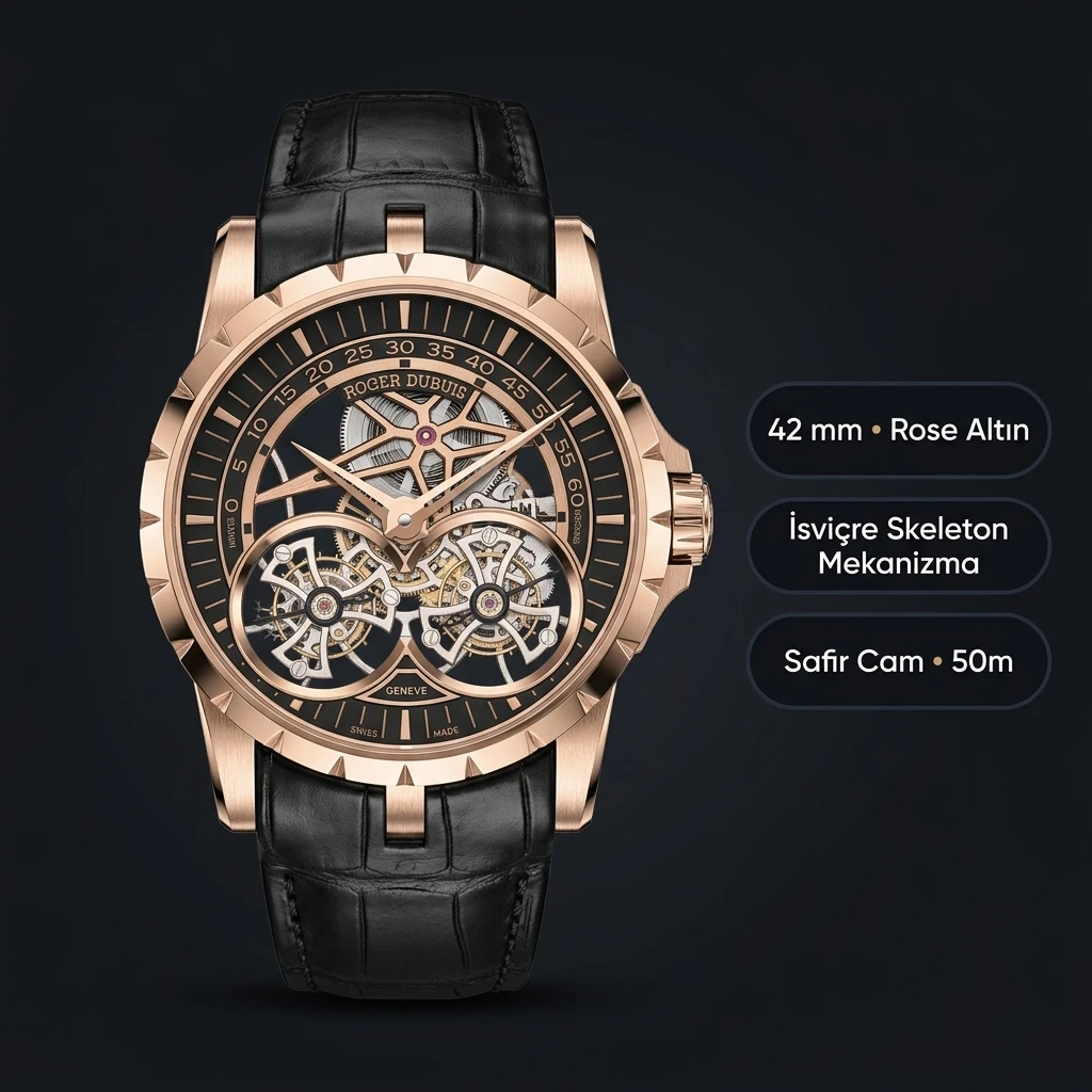 Roger Dubuis Excalibur Rose Skeleton Deri Super Clone ETA Saat